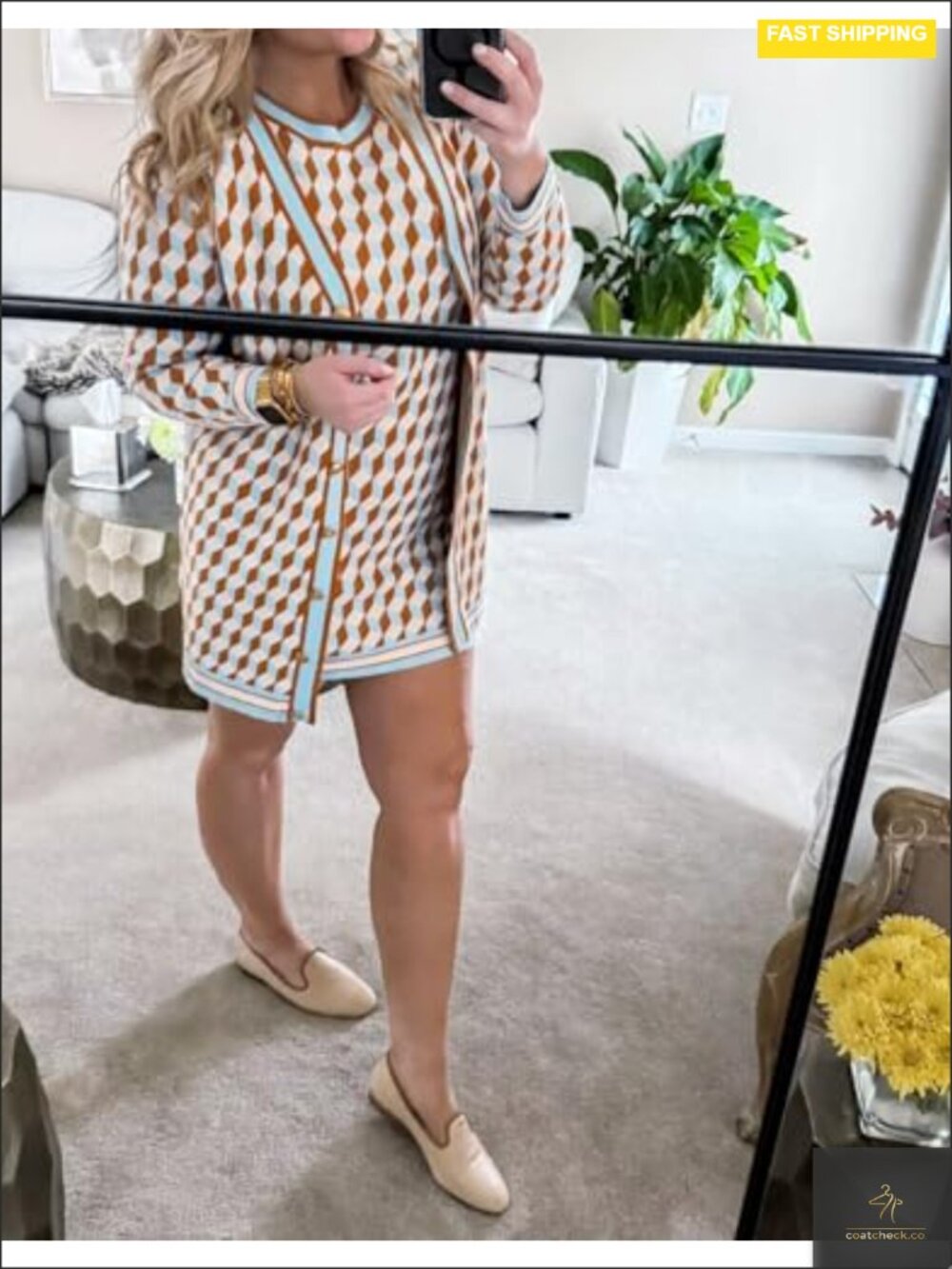 Oversized Checkered Knit Cardigan - 3/4 Sleeve Button Down - Picture 2 of 4